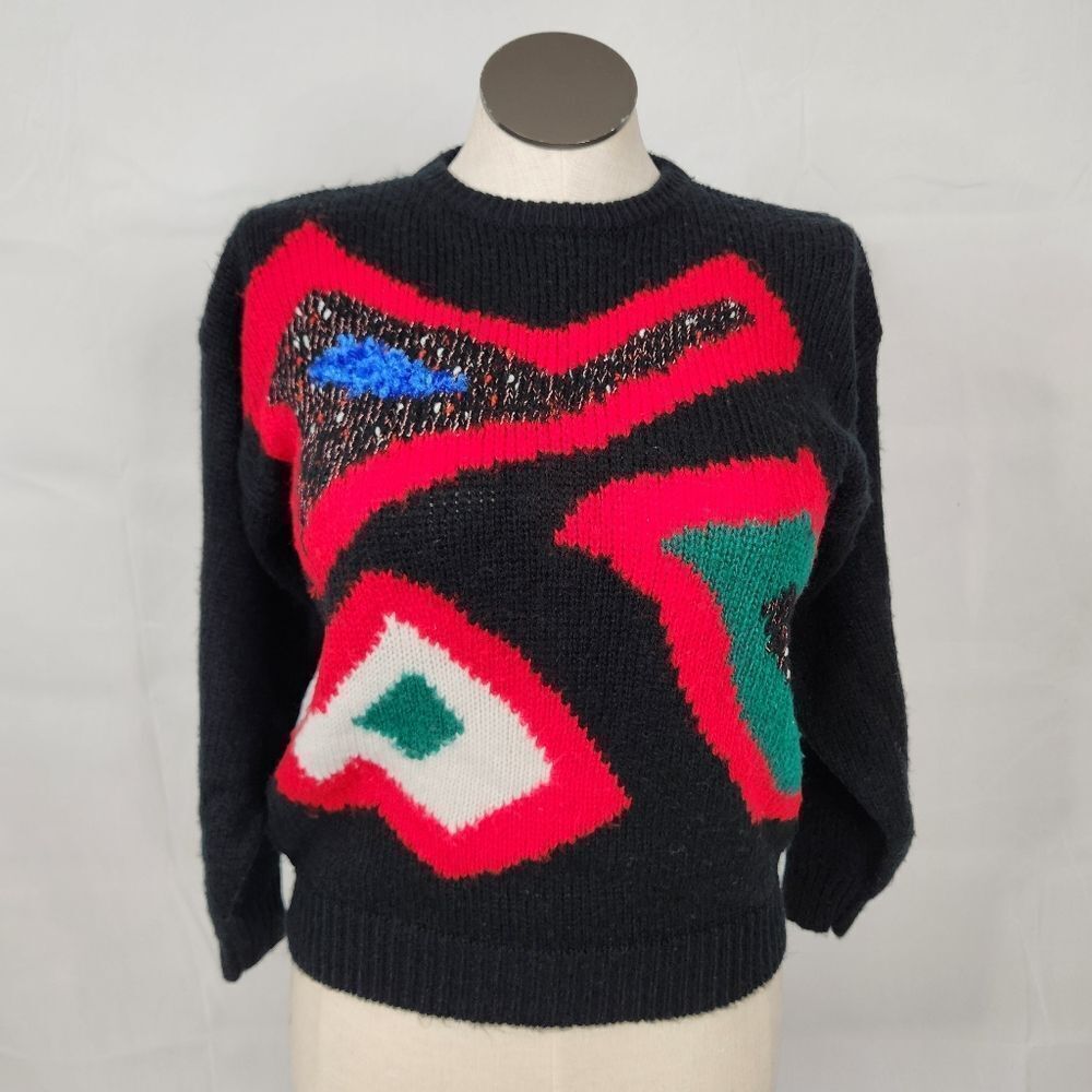 VTG 80's JR Bentley Black Pullover Acrylic Red Retro Abstract Art Sweater Sz M